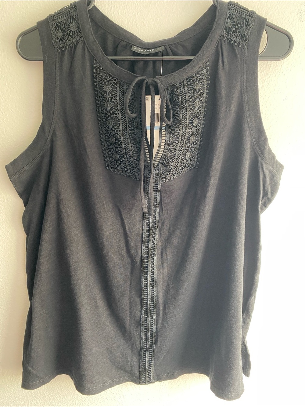 Rafaella Black Sleeveless Crochet-Trim Tie-Front Tank